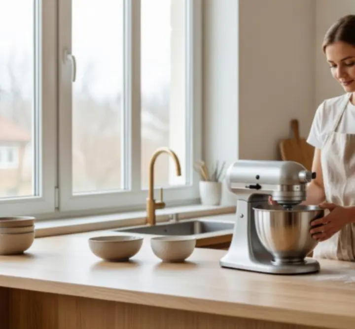 Nowoczesne sprzęty kuchenne w eleganckiej kuchni z jasnym blatem i stalowymi akcentami.
