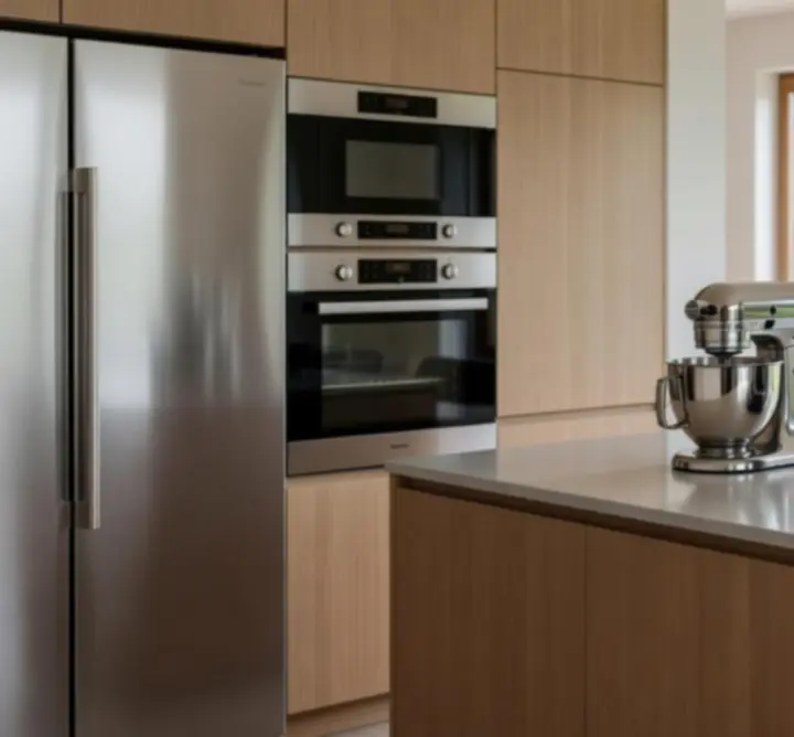 Nowoczesna kuchnia z wysokiej klasy sprzętami AGD na blacie i zabudowie.