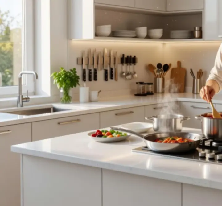 Naczynia kuchenne i akcesoria zaprezentowane w nowoczesnej kuchni