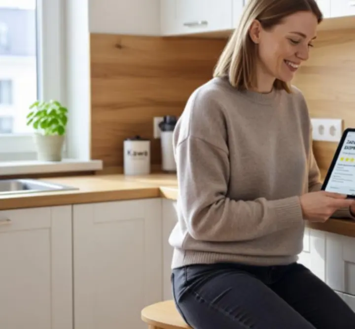 Klienci omawiający zakupione urządzenia kuchenne przy blacie kuchennym.