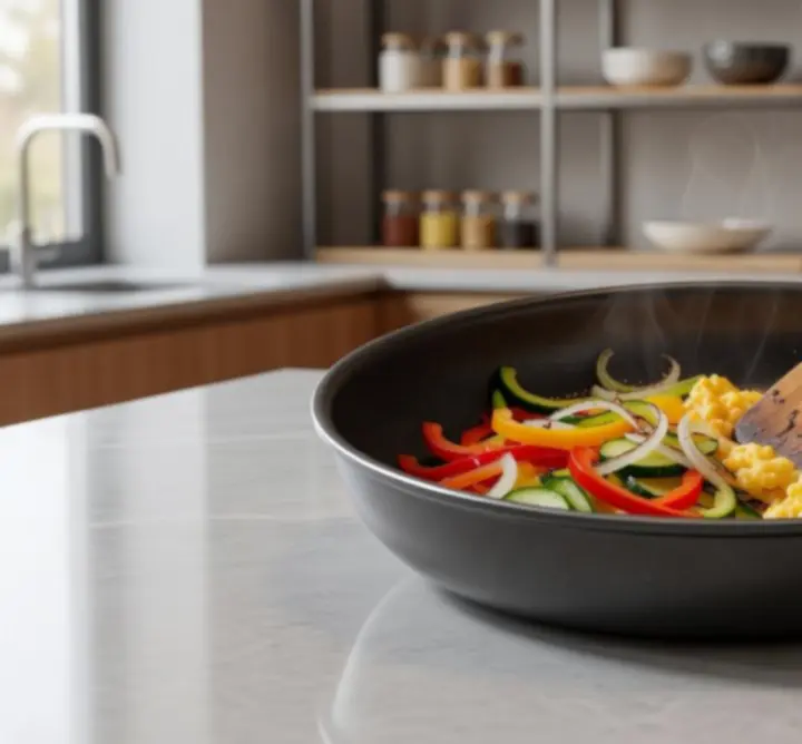 Zbliżenie na elegancką patelnię z powłoką nieprzywierającą
