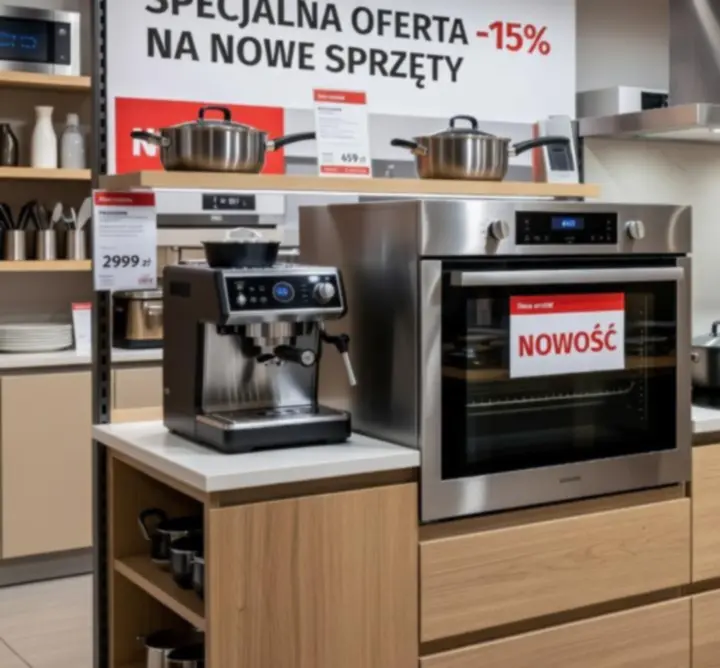 Stoisko ze sprzętem AGD z widocznymi oznaczeniami promocji i nowości.