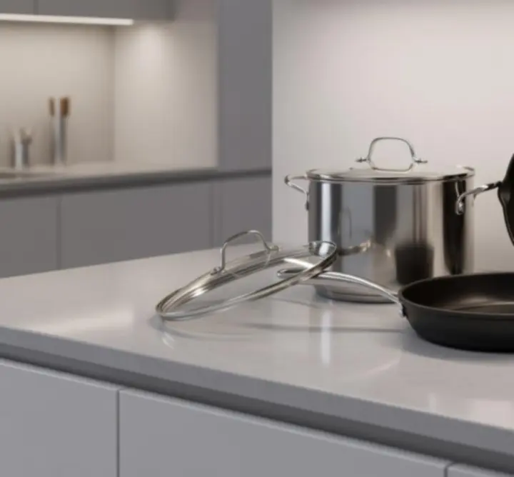 Zestaw garnków stalowych na kuchennym blacie