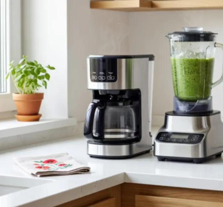 Zestaw najpopularniejszych małych sprzętów kuchennych ustawionych na kuchennym blacie.