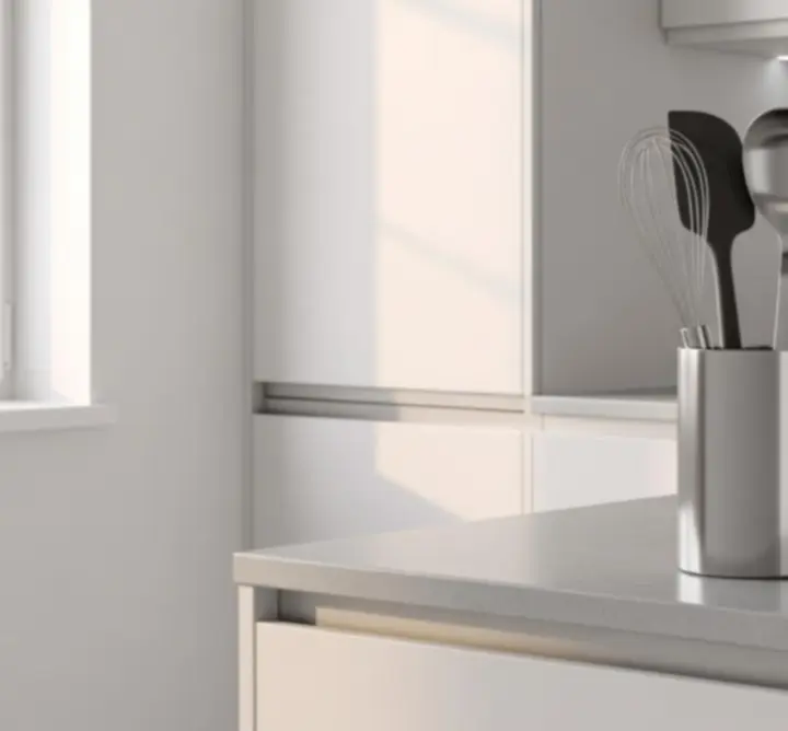 Zestaw nowoczesnych przyborów kuchennych na blacie w jasnej kuchni